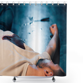 Personality  Partial View Of Dead Man On Floor At Crime Scene Shower Curtains