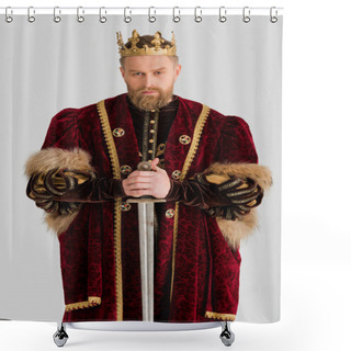 Personality  Serious King With Crown Holding Sword Isolated On Grey Shower Curtains