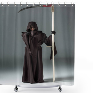 Personality  Full Length View Of Woman In Death Costume Holding Scythe And Pointing With Finger On Grey Shower Curtains