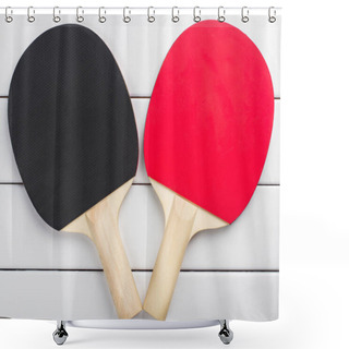 Personality  Ping Pong Rackets Balls View From Above White Background Shower Curtains