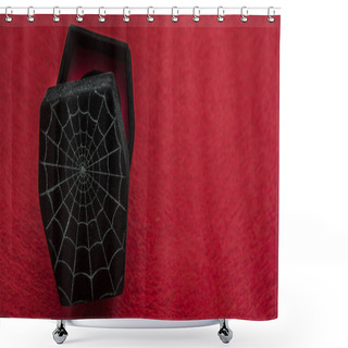 Personality  Open Cover Of Black Coffin With Spiderweb On Red Bloody Background. Empty Copy Space For Inscription Or Other Objects. Halloween Party. Holiday Background. Spider Web Shower Curtains