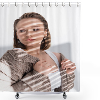 Personality  Confident, Attractive Plus Size Girl Touching Sweater While Looking Away On White With Sunlight And Shadows Shower Curtains