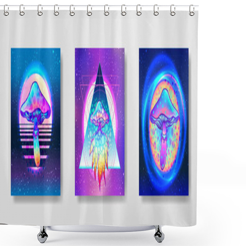 Personality  Retro futurism. Vintage 80s or 90s style background with magic mushrooms. Good design for textile t-shirt print design, flyer and poster. Futuristic vector illustration. shower curtains