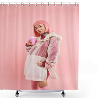 Personality  Pretty Asian Young Woman With Pink Hair Posing With Coffee Cup On Vibrant Background Shower Curtains