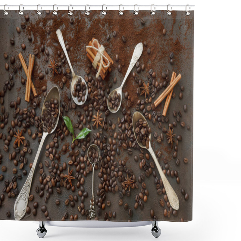 Personality  Close-up Photo Of Metal Spoons With Aroma Coffee Beans And Fresh Green Leaves On Black Table Background  Shower Curtains