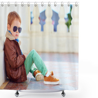 Personality  Cute Stylish Boy In Leather Jacket And Gum Shoes Shower Curtains