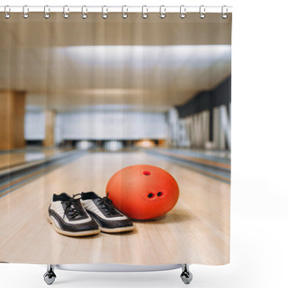 Personality  Bowling Ball And House Shoes On Lane In Club, Pins On Background, Nobody. Bowl Game Concept, Tenpin Shower Curtains