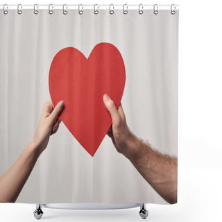 Personality  Partial View Of Couple Holding Together Blank Heart Card Isolated On Grey Shower Curtains