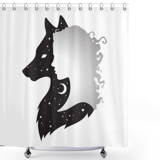 Personality  Silhouette Of Beautiful Woman With Shadow Of Wolf With Crescent Moon And Stars Isolated. Sticker, Print Or Tattoo Design Vector Illustration. Pagan Totem, Wiccan Familiar Spirit Art Shower Curtains