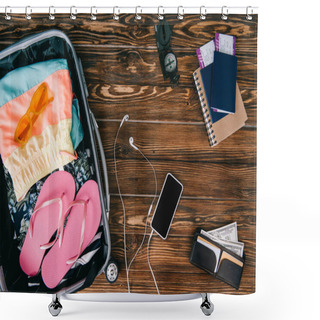Personality  Top View Of Smartphone With Earphones, Compass, Passports With Tickets And Summer Clothes In Travel Bag On Wooden Surface Shower Curtains