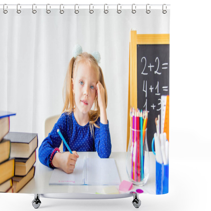 Personality  Happy Cute Industrious Child Is Sitting At A Desk Indoors Shower Curtains