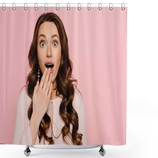 Personality  Shocked Woman Covering Mouth Isolated On Pink  Shower Curtains