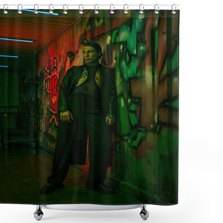 Personality  A Man Standing In Front Of A Colorful Graffiti-covered Wall Shower Curtains