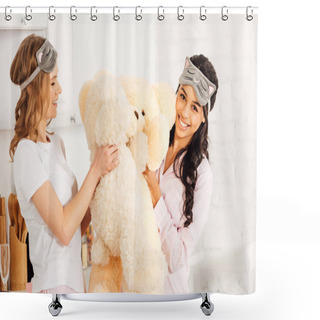 Personality  Selective Focus Of Beautiful Multicultural Girls Playing With Teddy Bears During Pajama Party At Home Shower Curtains