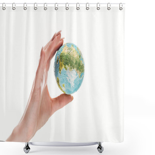 Personality  Partial View Of Female Hand With Earth Model Isolated On White, Global Warming Concept Shower Curtains