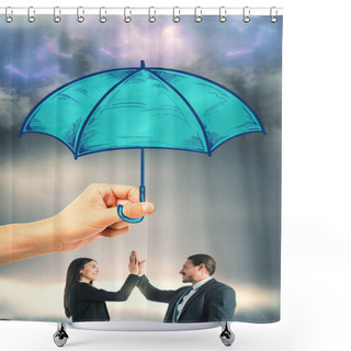 Personality  Hand Holding Drawn Blue Umbrella Over Businessman And Woman On Cloudy Gray Sky Background. Teamwork And Safety Concept  Shower Curtains
