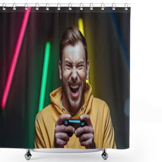 Personality  Handsome And Screaming Man Looking At Camera And Holding Gamepad Shower Curtains