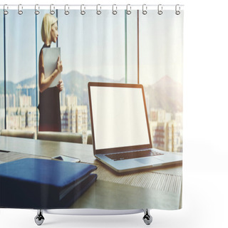 Personality   Open Laptop With Mock Up Copy Space Screen For Your Content Is Lying On A Table Shower Curtains