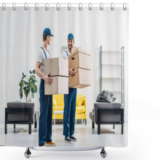 Personality  Two Movers In Uniform Carrying Cardboard Boxes In Modern Apartment Shower Curtains
