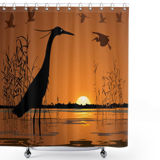 Personality  Birds In Sunset Swamp Illustration Shower Curtains