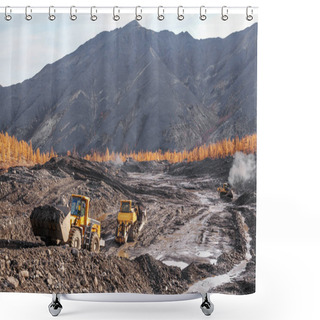 Personality  Bulldozers And Wheel Loaders At Work. Mining.Bulldozers Cut The Topsoil In Mountainous Forested Areas And Wheel Loaders Transport The Soil Shower Curtains