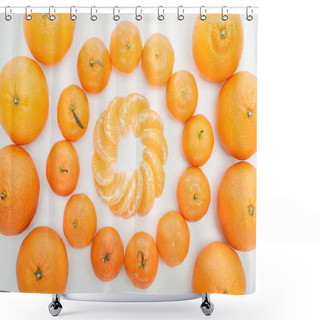 Personality  Flat Lay With Circles Of Peeled Tangerine Slices And Whole Tangerines On White Background Shower Curtains
