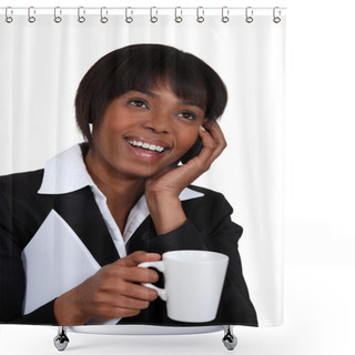 Personality  Businesswoman Chatting On The Phone With A Hot Drink Shower Curtains