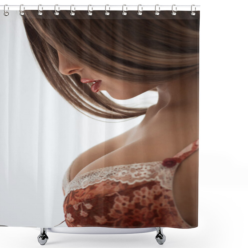 Personality  Young Sexy Woman With Long Hair Demonstrate Her Black Undies Shower Curtains