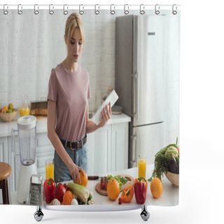 Personality  Attractive Vegan Girl Cooking And Holding Tablet With Recipe In Kitchen Shower Curtains