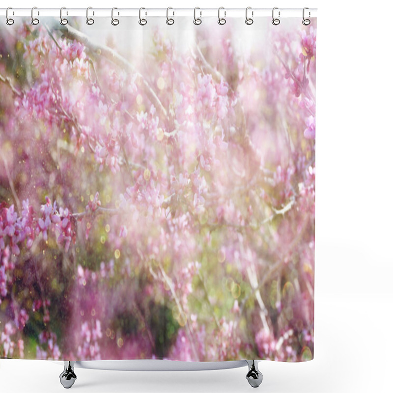 Personality  Double exposure of Spring Cherry blossoms tree. abstract background with glitter overlay shower curtains