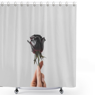 Personality  Selective Focus Of Woman Holding Colored In Black In Hand Isolated On White Shower Curtains