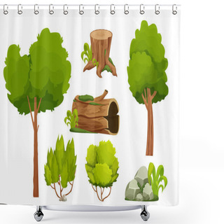 Personality  Forest Nature Elements Landscape Set With Tree, Stump, Old Trunk, Bush, Stone Pile And Moss In Cartoon Style Isolated On White Background. Ui Assets, For Computers Game Interface Vector Illustrations Shower Curtains