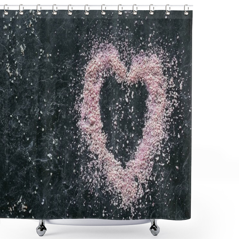 Personality  Top View Of Heart Shaped Pink Sea Salt For Spa On Black Marble Surface Shower Curtains