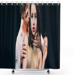 Personality  Panoramic Shot Of Young Sexy Woman Holding Perfume While Boyfriend Kissing Her Isolated On Black Shower Curtains