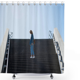 Personality  Side View Of Woman Standing On Steps With Blue Sky On Background In Copenhagen, Denmark Shower Curtains
