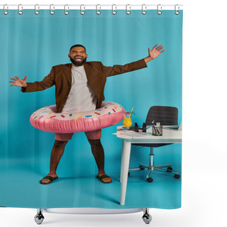 Personality  A Sharply Dressed Man In A Suit Is Playfully Holding A Large Inflatable Doughnut In His Hands, Showcasing A Whimsical And Unexpected Sight. Shower Curtains