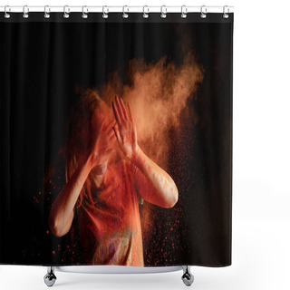 Personality  Woman Covering Face From Orange Colorful Holi Paint Cloud On Black Background Shower Curtains