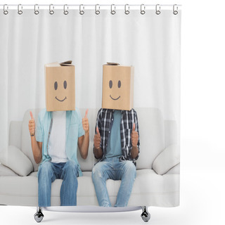 Personality  Men With Happy Smiley Boxes Over Faces Gesturing Thumbs Up Shower Curtains