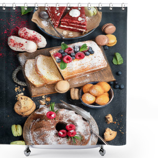 Personality  Different Desserts On Dark Background. Delicious Sweet Dessert Table With Pound Cake, Chocolate And Red Velvet Cakes. Holiday  Sweet Eating Concept. Top View Shower Curtains