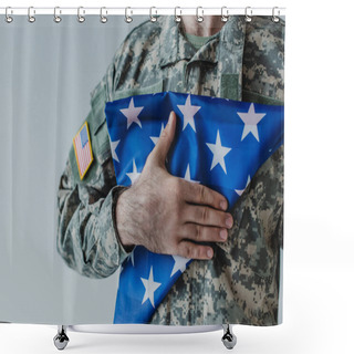 Personality  Partial View Of American Serviceman Holding Folded Flag Of United States During Memorial Day Isolated On Grey  Shower Curtains