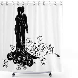 Personality  Bride And Groom Abstract Wedding Silhouette Design Shower Curtains
