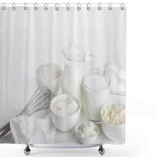 Personality  Fresh Dairy Products On White Background. Jar And Glass Of Milk, Bowl Of Sour Cream, Cottage Cheese And Baking Flour And Mozzarella. Eggs And Cheese.  Shower Curtains