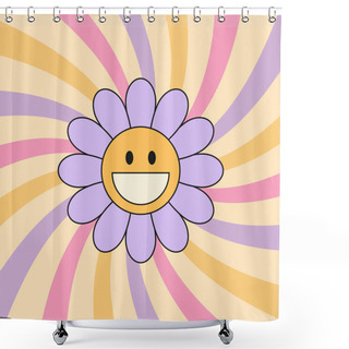 Personality  Groovy Background With Smiling Daisy Flower And Swirl Sunburst Rays. 70 S Hippie Retro Style. Vector Illustration Shower Curtains