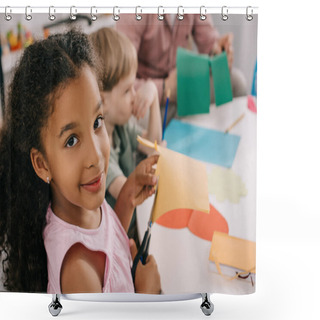 Personality  Selective Focus Of Multiethnic Preschoolers Cutting Colorful Papers With Scissors In Classroom  Shower Curtains