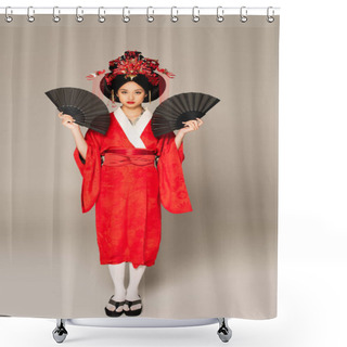 Personality  Asian Woman In Traditional Clothes Holding Black Fans On Grey Background  Shower Curtains