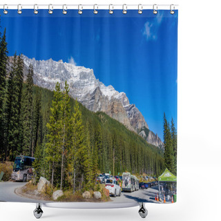 Personality  Alberta, Canada - SEP 27 2020 : Moraine Lake Car Parking Area In Summer Sunny Day. Bus And Cars Stop Here. Shower Curtains