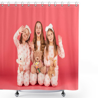 Personality  Hi There. Surprised Children Wave Hands In Pyjamas Homewear. Girls Sitting Together With Teddy Bears Shower Curtains