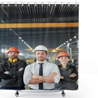 Personality  Confident Factory Team Of Professionals In Hardhats Standing With Crossed Arms In Contemporary Shop Of Large Plant Shower Curtains