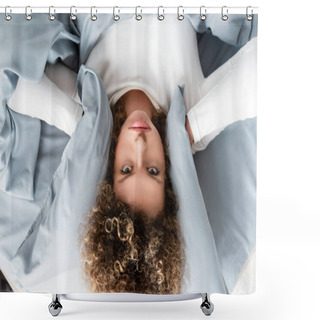 Personality  Top View Of Displeased Woman Covering Ears With Pillow And Looking At Camera Shower Curtains