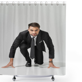 Personality  Full Length Of Businessman In Black Suit Standing In Low Start Position On Grey Background Shower Curtains